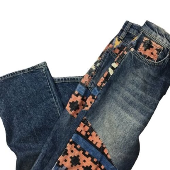 Free People Blue Jeans with Multicolor Tribal Pattern NWOT - Picture 7 of 10